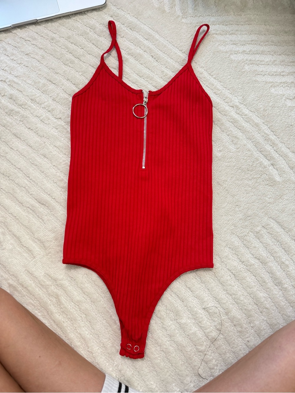 Red Ribbed Zip-Front Kids One-Piece
